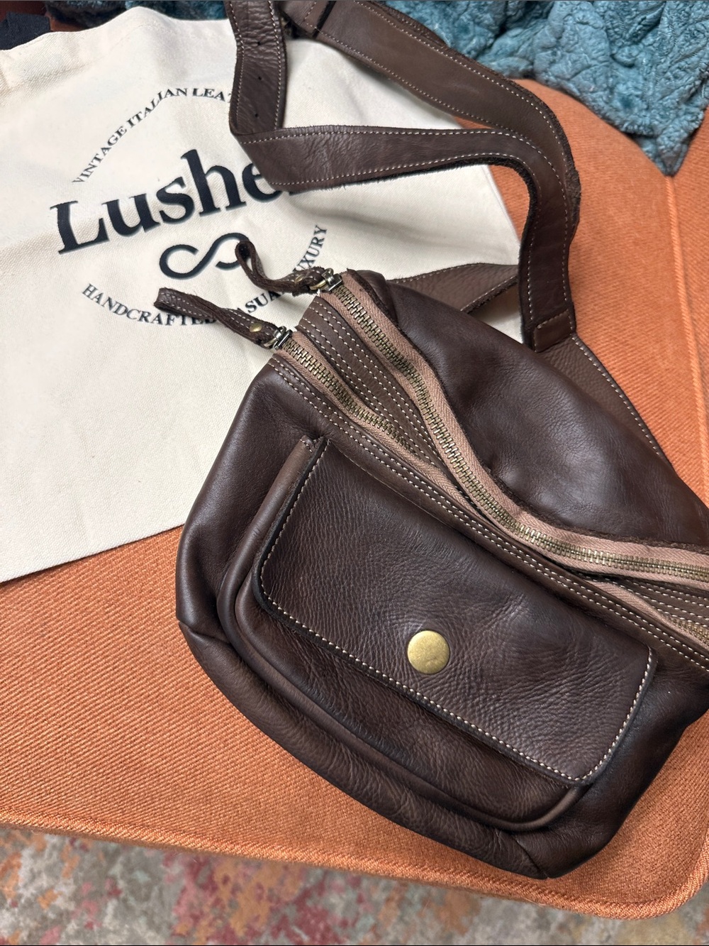 Lusher Dark Brown Leather Crossbody Bag with Brass Accent Extremely Soft Leather